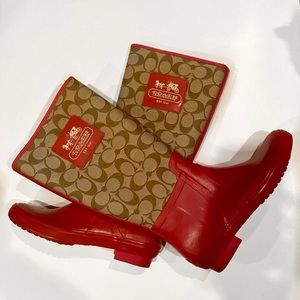 Coach tall Paige Heather rain boots pink brown